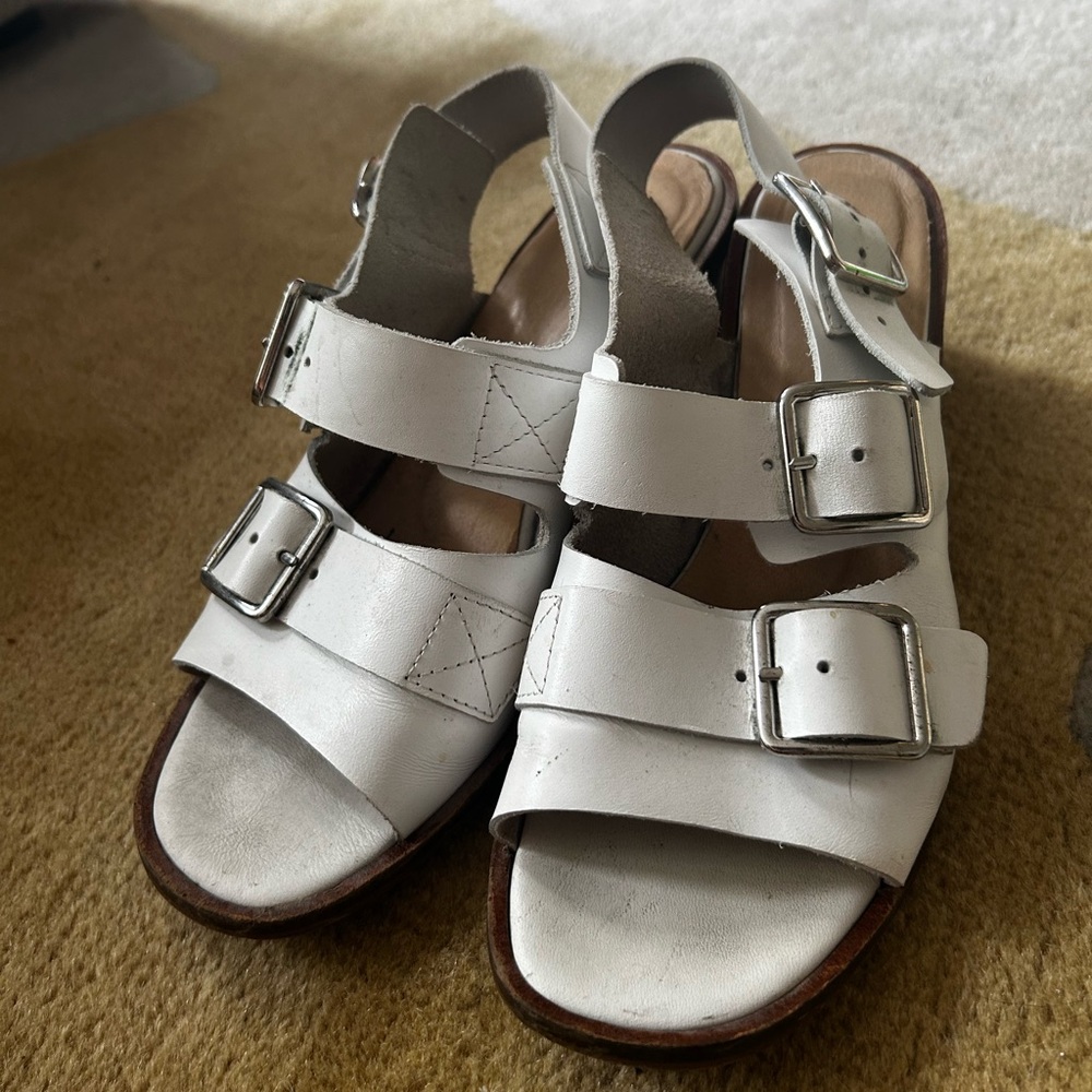 INTENTIONALLY BLANK White Triple-Buckle Leather Slingback Sandals